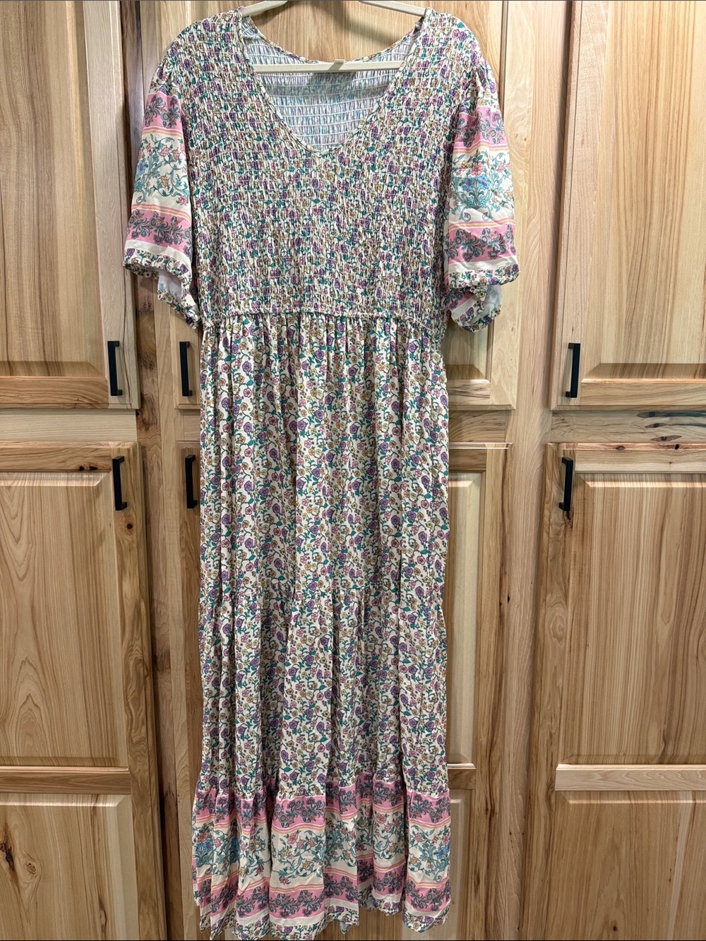 Penelope Rose Size 1X Boho Floral Whimsical Smocked Stretch V-Neck Maxi Dress